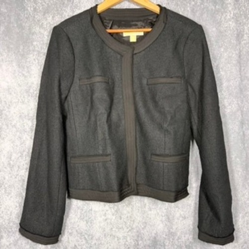 Michael Kors Jacket Women 16 Black Wool Blend Collarless Open Front Pockets